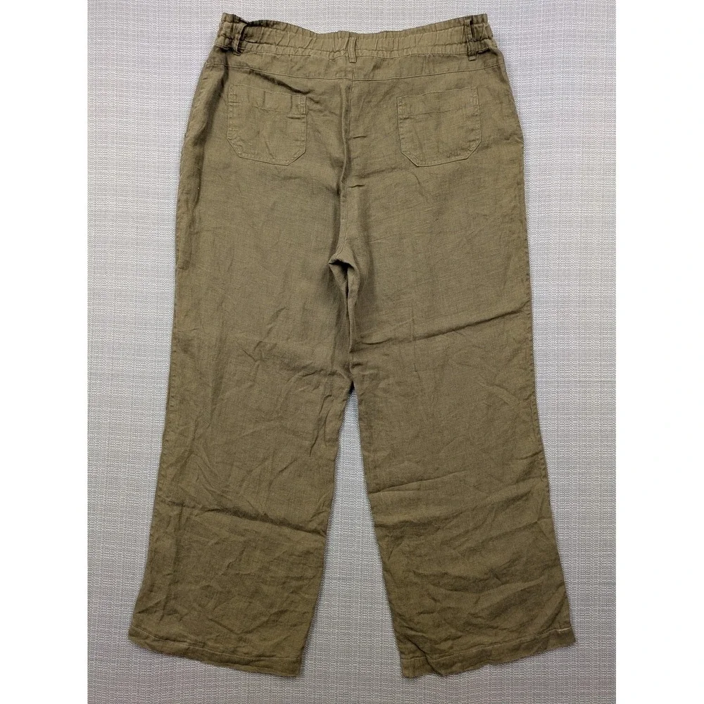Sisters Pants Womens Large (34x26) Green Linen Wide Leg Cropped Drawstring
